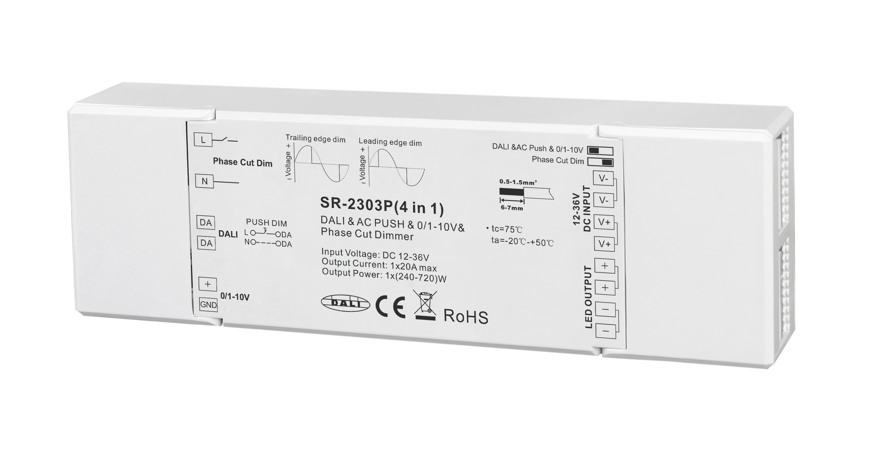 SR-2303P LED-Dimmer 1-Kanal – 20A, 12–48 V DC, Konstantspannung 4-in-1 - DALI / 0–10 V / Taster / Phasenanschnitt/-abschnitt